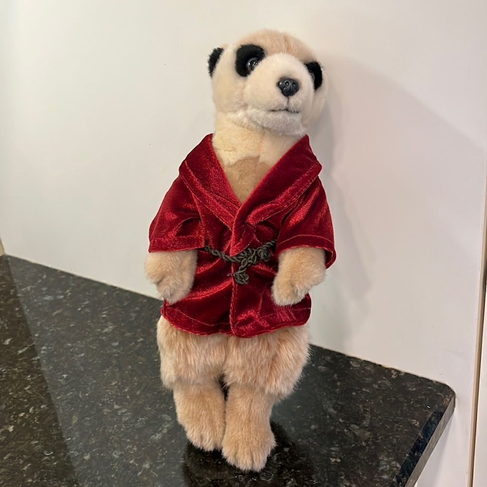 KEEL TOYS BROWN FUR MEERKAT WEARING RED DRESSING GOWN ~ Size 13”